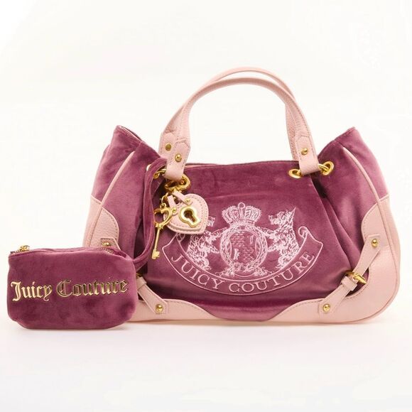 Juicy Couture Bordeaux Velour Pink Faux Leather Nuova Twig Dog Double Handle Bag - Picture 1 of 13